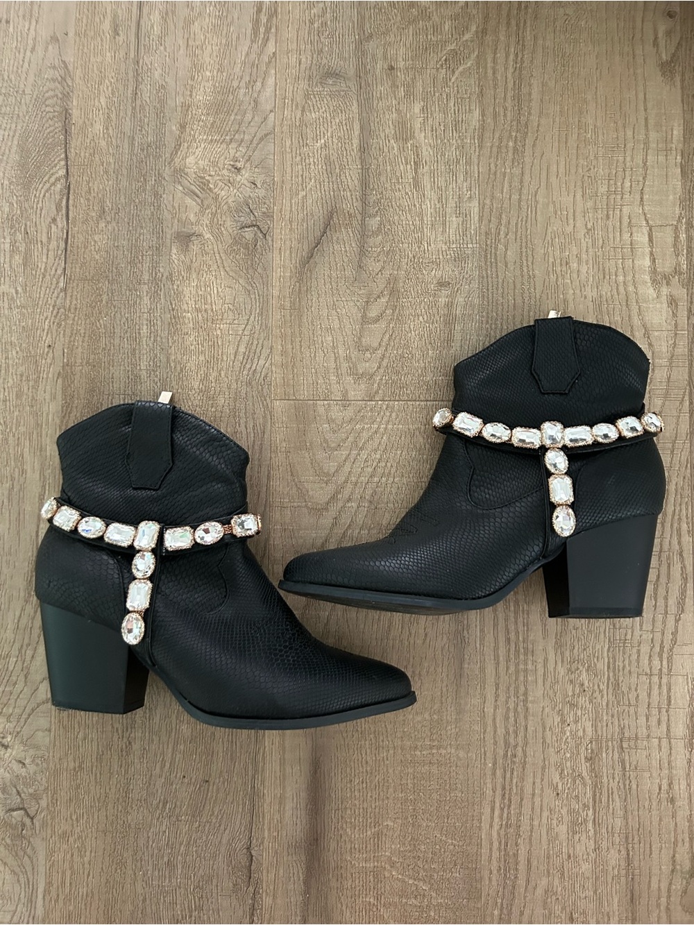 Shoe Dazzle Black Ankle Boots with Crystal Harness